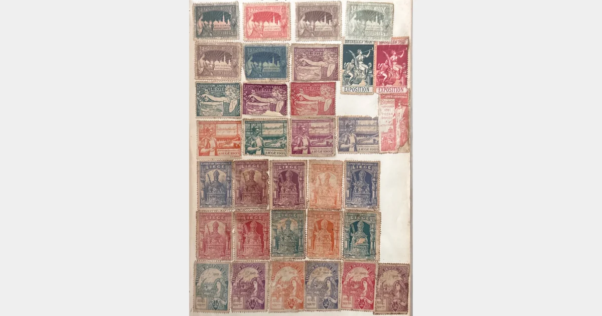 Belgique – Expositions Bruxelles 1897 & Liège 1905 – Lot vignettes anciennes sur page d’album