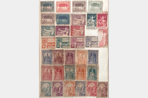 Belgique – Expositions Bruxelles 1897 & Liège 1905 – Lot vignettes anciennes sur page d’album